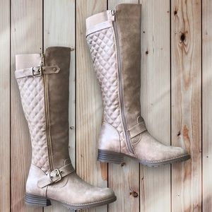 MARGO Taupe Quilted Knee High Low Heel Rider Boots
